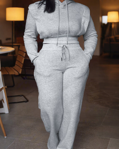 2-teiliges Outfit, langärmliges, kurzes Kapuzenpullover-Sweatshirt mit Kordelzug, Bündchen mit Daumenlöchern und lässigem Jogginghosen-Set mit Kordelzug und elastischer Taille mit weitem Bein 
