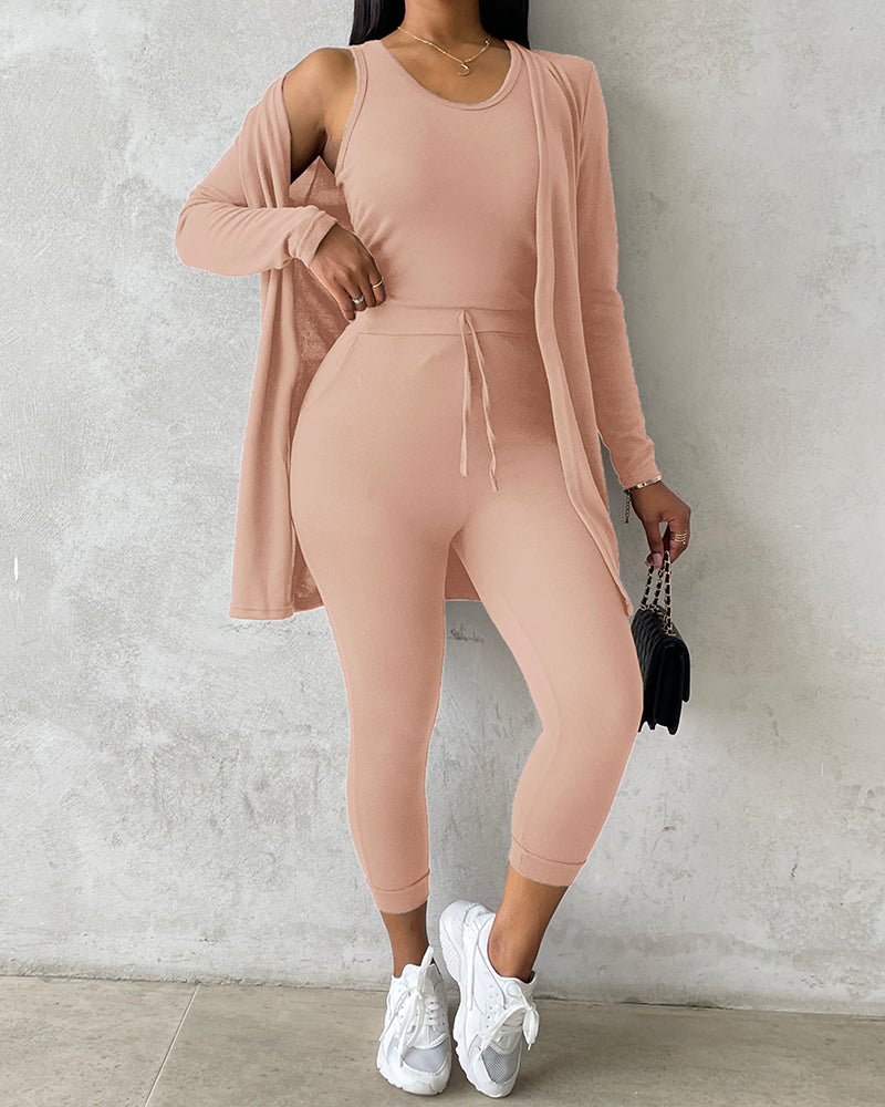 3 Piece Lounge Set Crewneck Sleeveless Tank Top Long Sleeve Open Front Coat Pants Sweatsuit