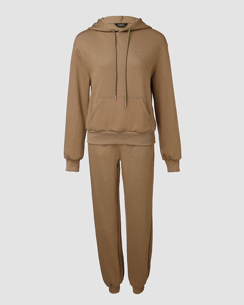 2 Pieces Outfit Kangaroo Pocket Thermal Lined Drawstring Hoodie Sweatshirt and Casual Elastic Waist Cinched Ribbed Cuffs Sporty Sweatpants Set
