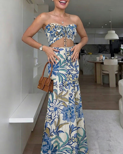 ChicMeLive Women's Tropical Floral Bandeau Dress Sexy Drawstring Cutout Shirred Waist Mermaid Dress Ruffle Hem Vacation Maxi Dress