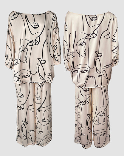 Women's Abstract Face Print Two Piece Outfits Boat Neck Batwing Sleeve Top and High Waisted Wide Leg Pants Set with Pockets