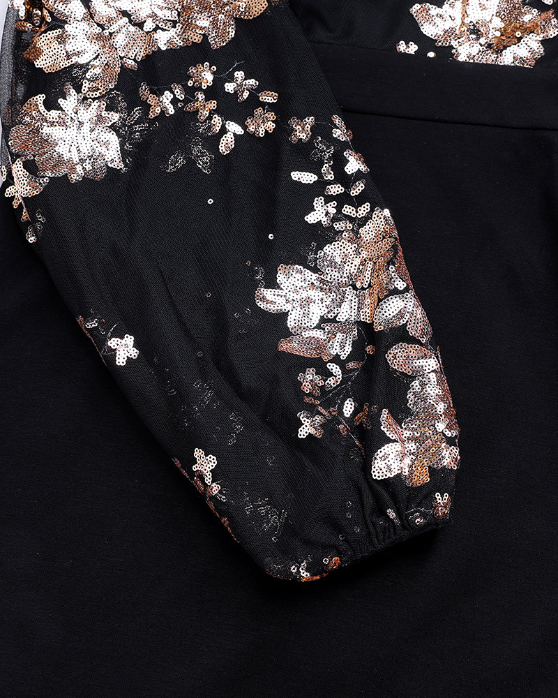 Floral Pattern Contrast Sequin One Shoulder Bodycon Dress