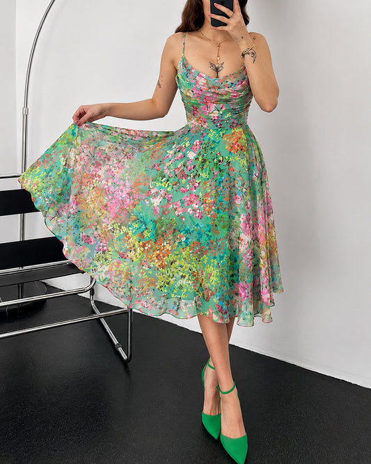Women's Floral Mesh A Line Dress Cowl Neck Ruched Slip Dress Casual Backless Sundress
