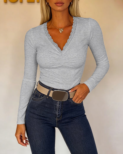 CHICMELIVE Women Lace Long Sleeve Top V Neck Fitted Shirts Fall Blouses
