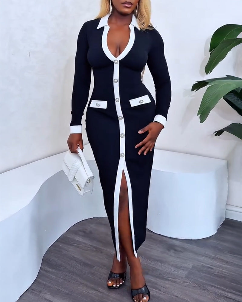 Pearls Button Decor Contrast Paneled Turn-down Collar Slit Front Dress Zipper Side Flap Detail Slim Fit Commuting Dress