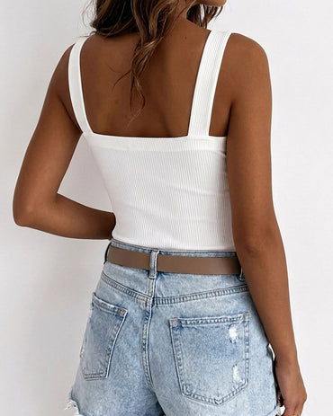 Women's Ribbed Knit Tank Top Square Neck Slim Fit Cami Top Adjustable Eyelet Strap Backless Top
