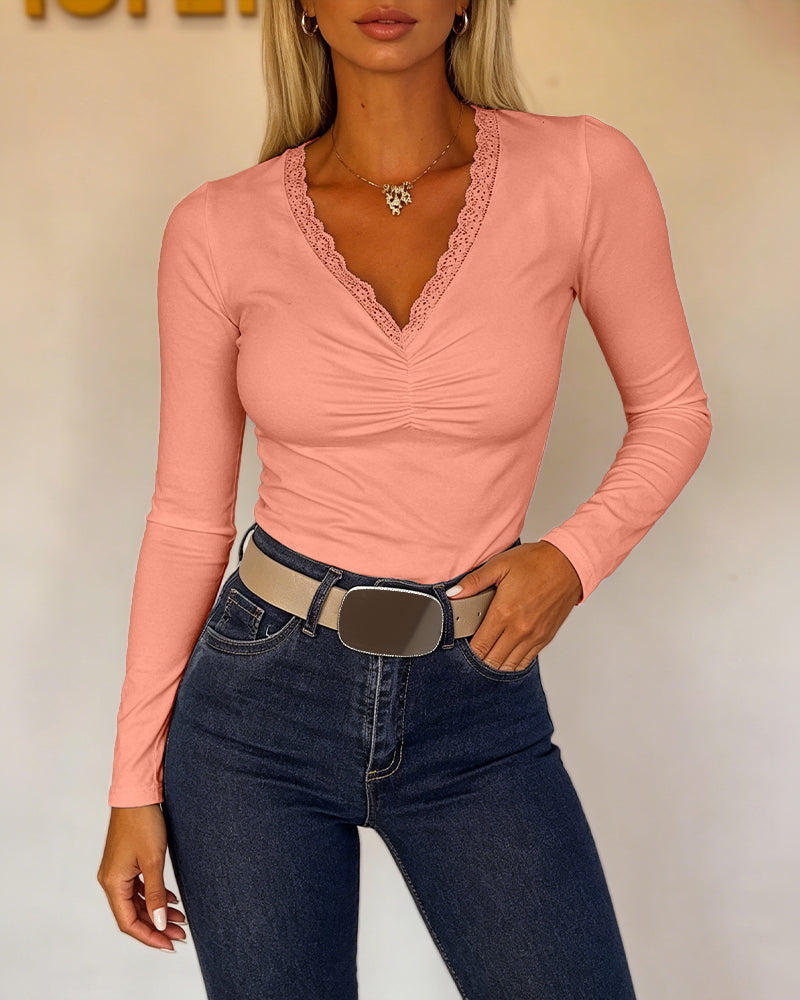 CHICMELIVE Women Lace Long Sleeve Top V Neck Fitted Shirts Fall Blouses