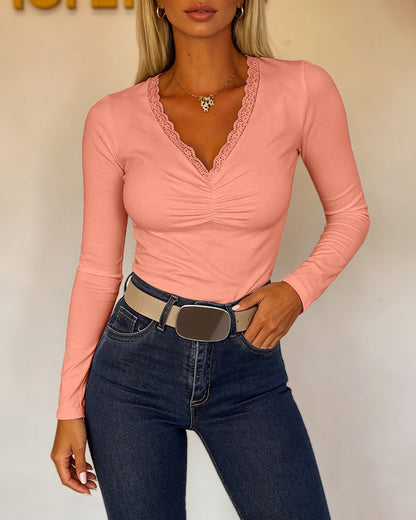 CHICMELIVE Women Lace Long Sleeve Top V Neck Fitted Shirts Fall Blouses