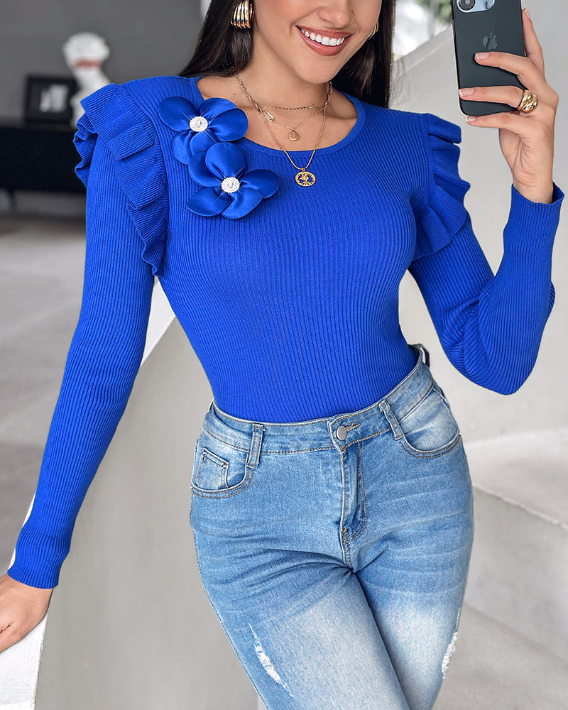 Floral Decor Ruffle Hem Pullover Knit Sweaters Long Sleeve Crewneck Tops
