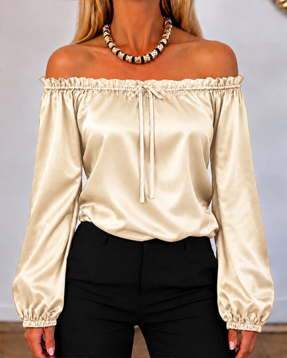 CHICMELIVE Off Shoulder Satin Tops Women Ruffle Tie Front Blouse