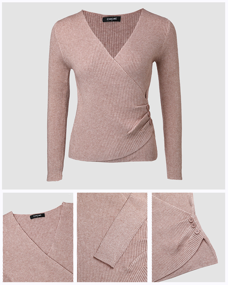 Overlap V-Neck Ruched Side Button Decor Knit Sweater Slim Fit Ribbed Pullover Top