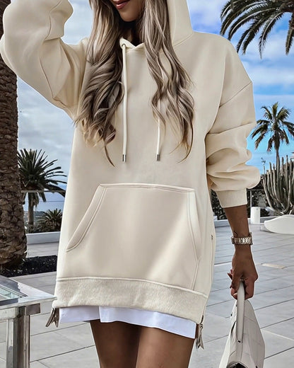 Long Sleeve Pocket Design Pullover Sweatshirt Casual Faux Two Piece Longline Drawstring Hooded Top