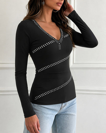 Women's Deep V Neck Rhinestone Top Slim Fit Long Sleeve Ribbed Knit Tee Sparkly Blouse