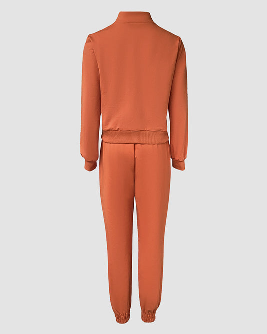 Stand Collar Long Sleeve Pocket Dec Zipper Top and Casual Elastic Waist Drawstring Pants Sets