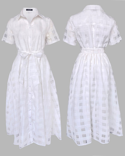 Turn-down Collar Plaid Mesh Double-Layered Cinched Waist Maxi Dress Button Down Bow Tie Waist Commuting Dress