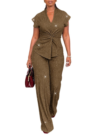 CHICMELIVE Women's 2 Piece Outfits Glitter Twist Top Wide Leg Pants Set