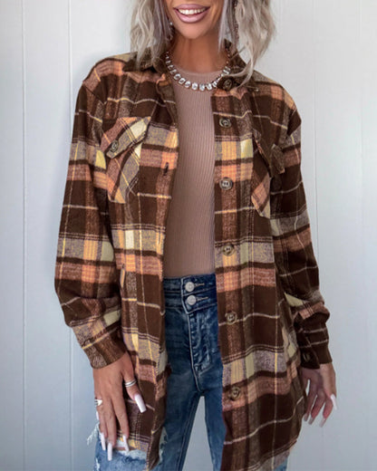 Women's Plaid Long Sleeve Button Down Brushed Shacket Casual Turn-down Collar Coat