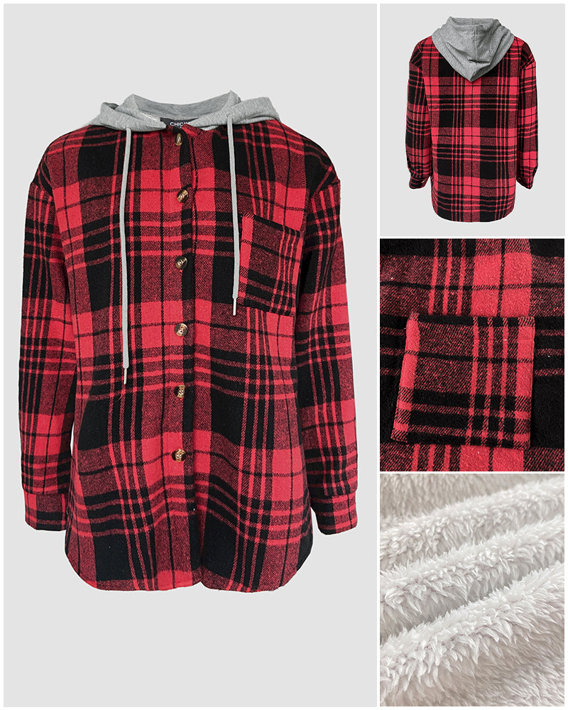 CHICMELIVE Womens Casual Jacket Plaid Hooded Fleece Lined Shacket