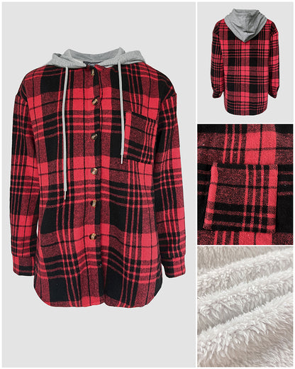 CHICMELIVE Womens Casual Jacket Plaid Hooded Fleece Lined Shacket