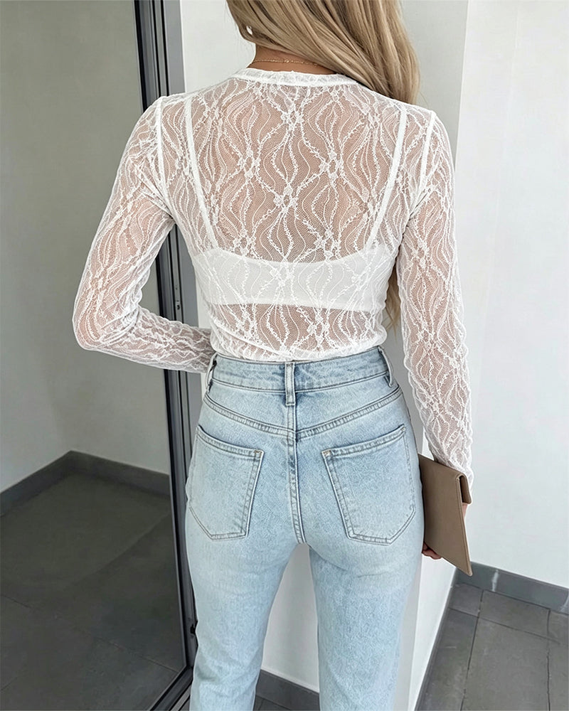 CHICMELIVE Lace Top Sheer Mesh Fitted Shirts for Women with Thumb Holes