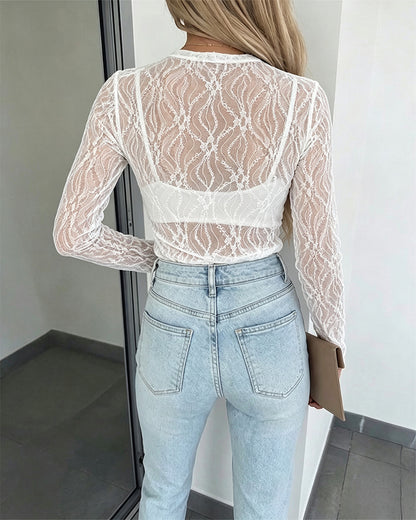 CHICMELIVE Lace Top Sheer Mesh Fitted Shirts for Women with Thumb Holes