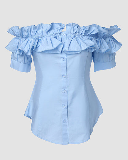 Ruffles Off Shoulder Short Sleeve Button Front Blouse Asymmetrical Hem Top