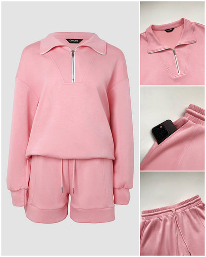 Women's Half Zipper Sweatshirt and Drawstring Shorts Set Casual Stand Collar Pullover Elastic Waist Matching Outfit