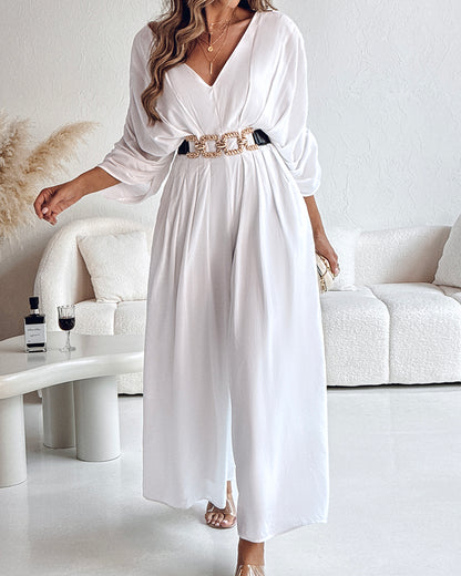 Deep V-Neck Ruched Three Quarters Sleeve Backless Overalls Casual Waist-Gathered Tied Detail Jumpsuit without Belt
