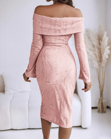 Off Shoulder Long Sleeve Hollow Out Knit Dress Casual Slim Fit Midi Sweater Dress