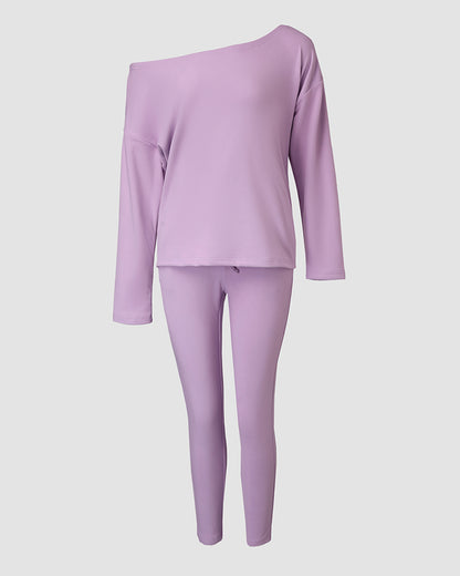 2 Pieces Outfit Long Sleeve Skew Neck Pullover Top and Drawstring Elastic Waist Slim Fit Pants Set