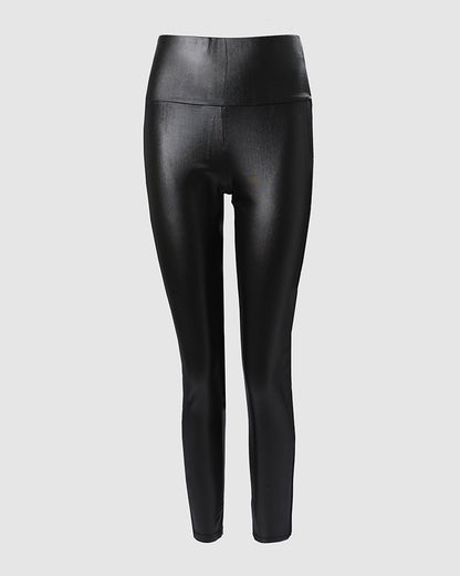 Rhinestone Contrast Mesh High Waist Skinny Pants Sexy Slim Fit Pu Leather Pants
