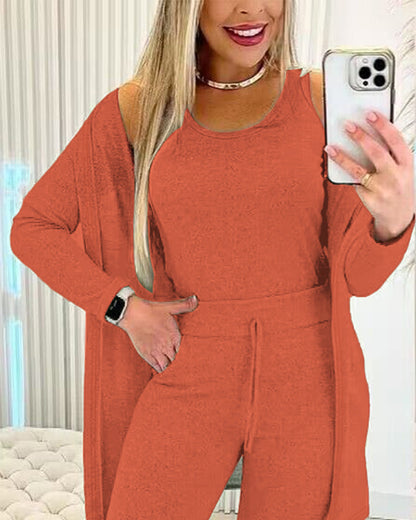 3 Piece Lounge Set Crewneck Sleeveless Tank Top Long Sleeve Open Front Coat Pants Sweatsuit