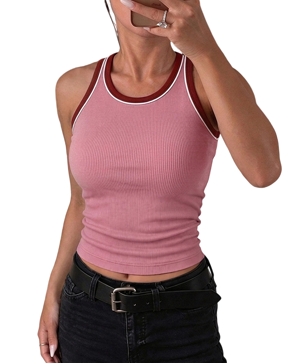 CHICMELIVE Womens Tank Tops Contrast Trim High Neck Ribbed Racerback Shirt