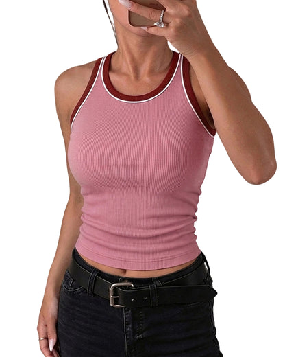CHICMELIVE Womens Tank Tops Contrast Trim High Neck Ribbed Racerback Shirt