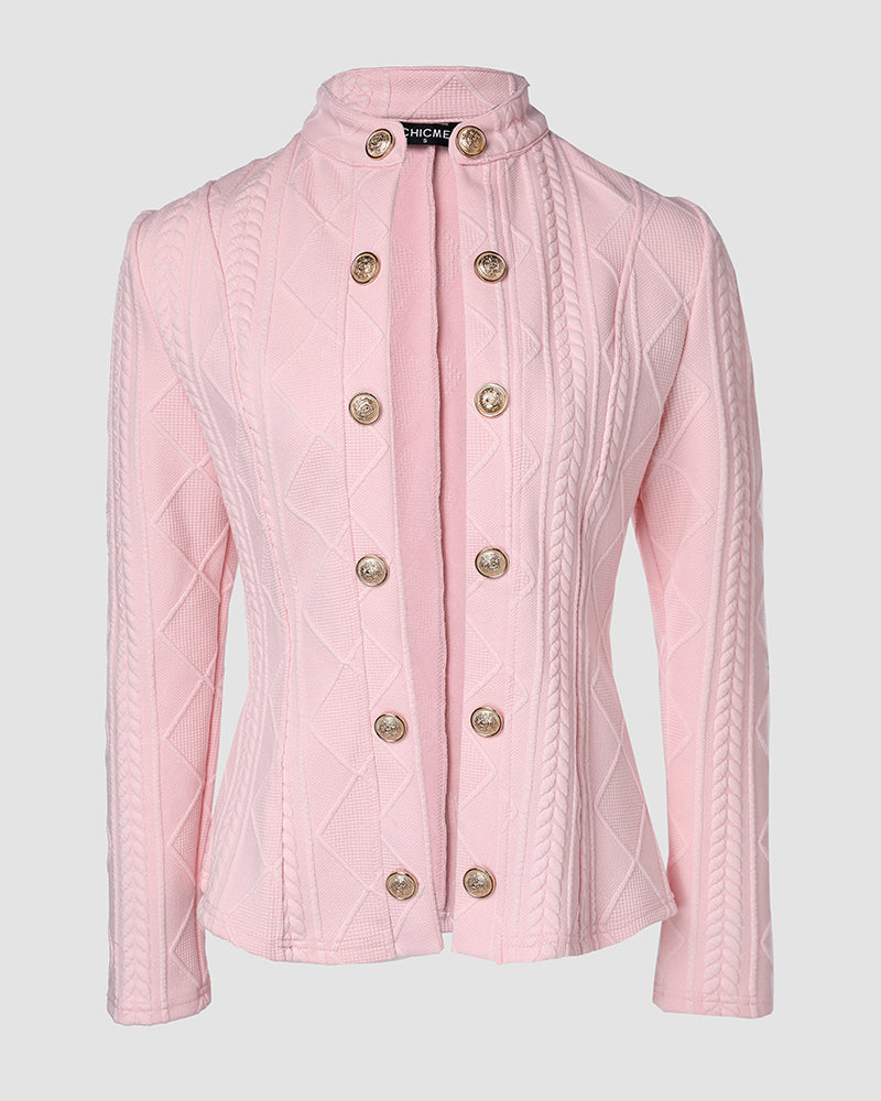 Metal Double Breasted Decor Stand Collar Argyle & Cable Textured Coat