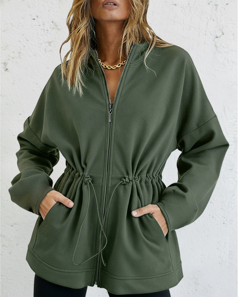 Long Sleeve Waist Drawstring Hooded Coat Casual Loose Fit Cardigan Jacket with Pockets