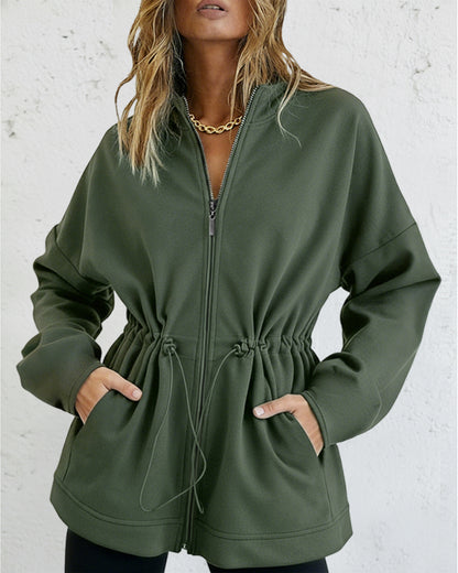 Long Sleeve Waist Drawstring Hooded Coat Casual Loose Fit Cardigan Jacket with Pockets