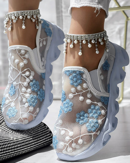 Floral Pattern Sheer Mesh Patch Round Toe Sneakers