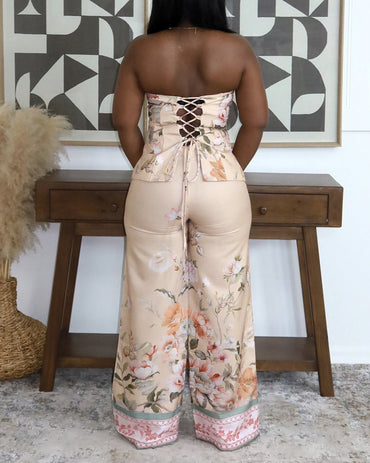 Women's Floral 2 Piece Outfits Lace-up Tube Top and High Waist Straight Leg Pants Set with Detachable Clear Straps