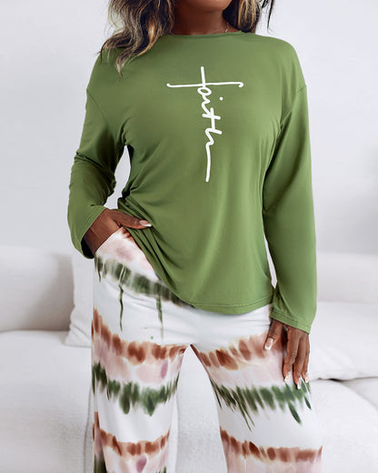 2 Pieces Outfit Letter Placement Print Long Sleeve Drop Shoulder Top and Ombre Loose Fit Pants Set Casual Pajamas Set