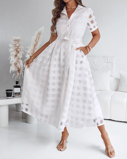 Turn-down Collar Plaid Mesh Double-Layered Cinched Waist Maxi Dress Button Down Bow Tie Waist Commuting Dress