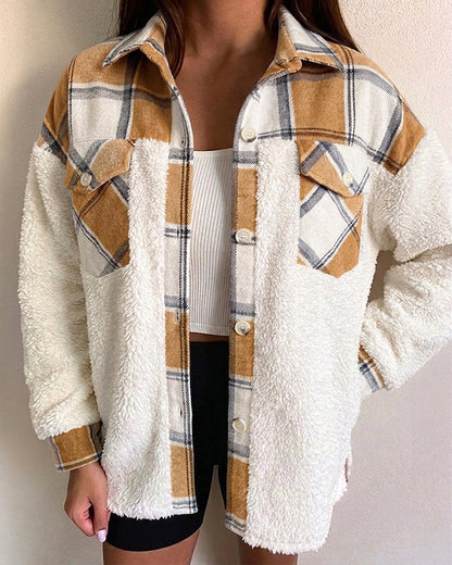 CHICMELIVE Women's Fleece Jacket Plaid Patchwork Sherpa Shacket