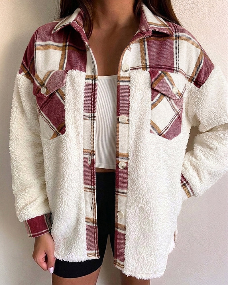CHICMELIVE Women's Fleece Jacket Plaid Patchwork Sherpa Shacket