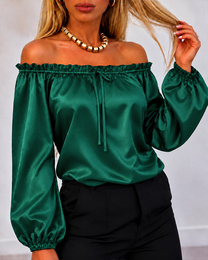 CHICMELIVE Off Shoulder Satin Tops Women Ruffle Tie Front Blouse
