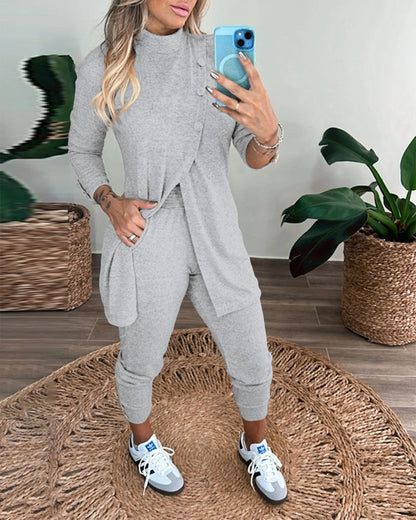 2 Pieces Outfit Mock Neck Long Sleeve Button Decor Slit Mid-Length Top and Stretchy Drawstring High Waist Slim Fit Pants Set