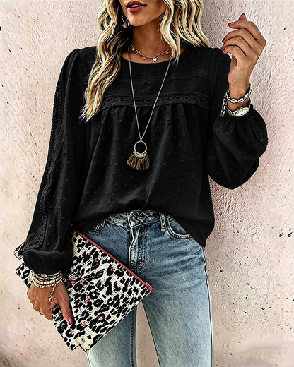 Women's Hollow-Out Lace Spliced Lantern Sleeve Top Elegant 3D Jacquard Chiffon Blouse for Work and Daily Wear