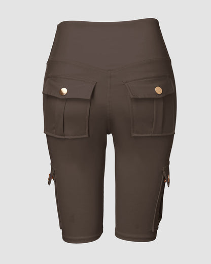 Tummy Control Butt Lifting Active Shorts High Waist Flap Pocket Workout Bermuda Cargo Running Shorts