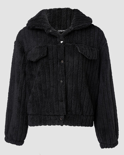 Textured Striped Turn-down Collar Button Front Elastic Cuff and Hem Teddy Fleece Jacket With Decorative Flap Pockets