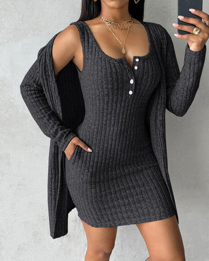 2 Pieces Outfit U-Neck Thick Strap Button Front Slim Fit Ribbed Knit Dress and Casual Long Sleeve Pockets Design Open Front Cardigan Coat Set
