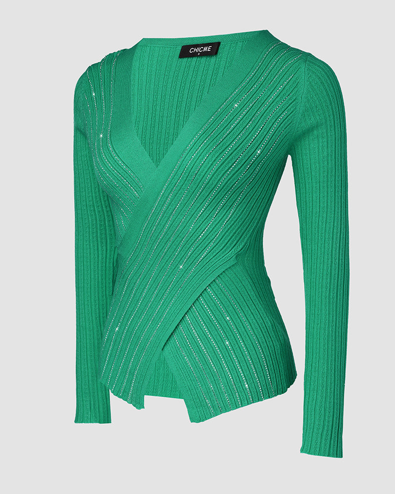Rhinestone Decor Overlap V-Neck Long Sleeve Knit Sweater Asymmetrical Hem Slim Fit Textured Pullover Top